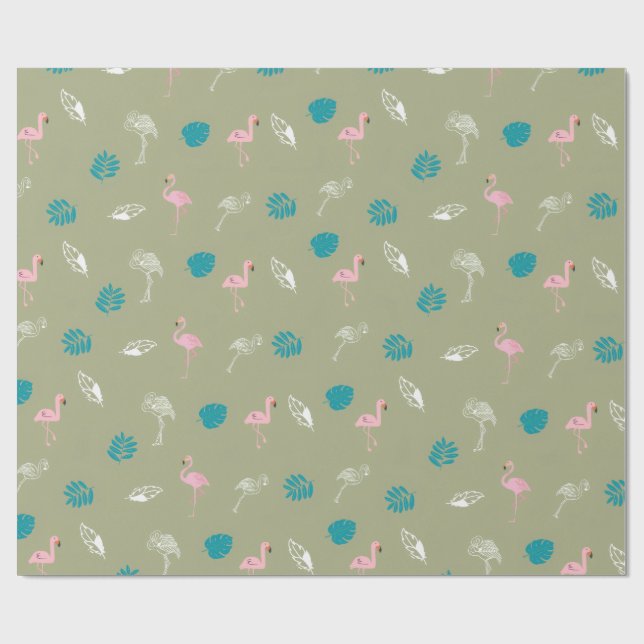 Salbeigrünes und rosa Flamingo-Geschenkpapier Geschenkpapier (Flach)