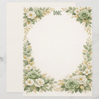 Salbeigrünes und weißes florales Briefpapier