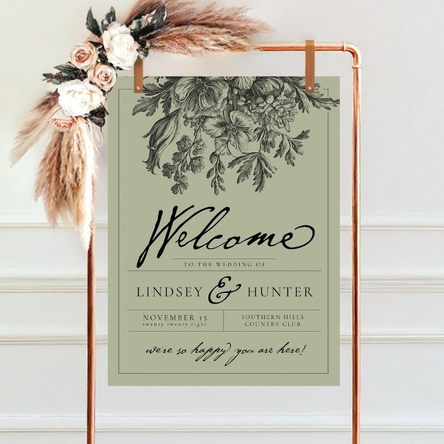 Salbeigrünes Vintage-Blumen-Script-Hochzeitswillko Poster (Elegant sage green and black vintage floral boho botanical label style wedding welcome sign poster)