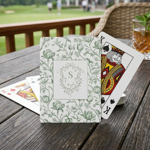 Salbeigrünes Vintage-Blumen-Toile-Monogrammwappen Spielkarten