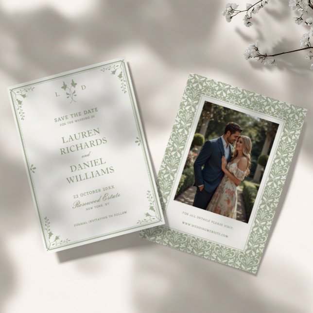 Salbeigrünes Vintage-Garten-Monogramm-Hochzeit Save The Date (Von Creator hochgeladen)