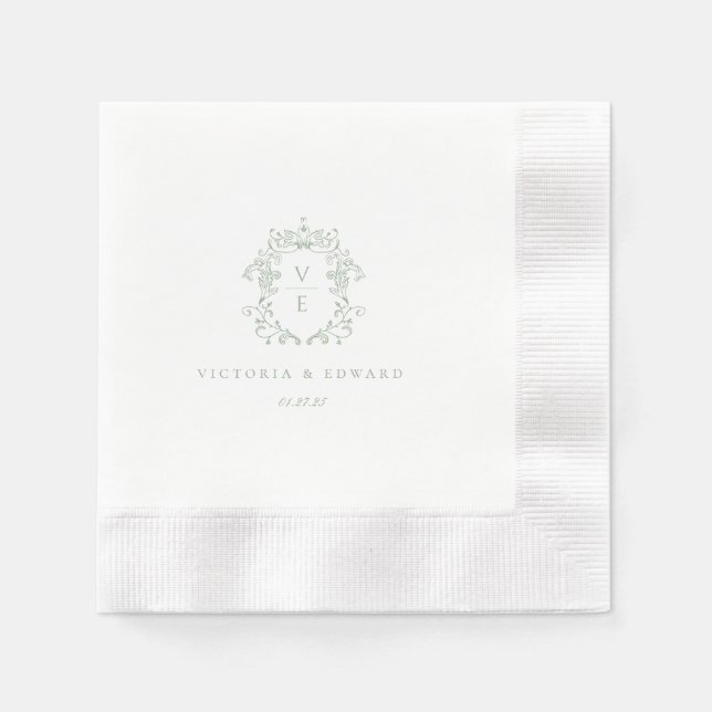 Salbeigrünes Wappen-Monogramm-Hochzeit Serviette (Vorderseite)