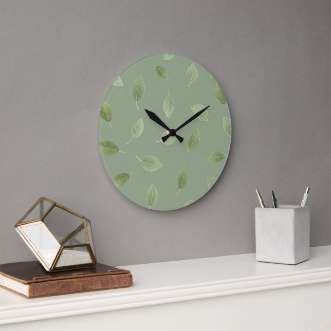 Salbeigrünes Wasserfarben-Blattmuster Große Wanduhr (Büro)