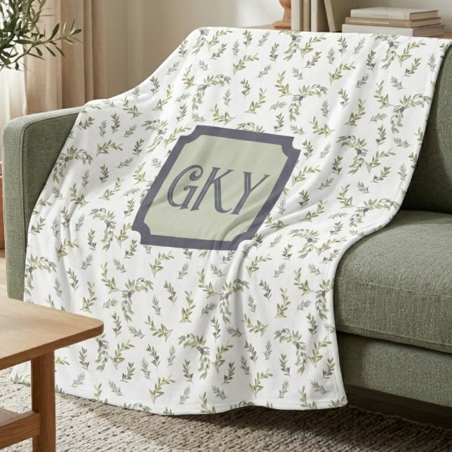 Salbeigrünes Wasserfarben-Monogramm Chic Oliven Mu Fleecedecke (Von Creator hochgeladen)
