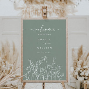 Salbeigrünes Wildblumen-Hochzeits-Willkommensschil Poster