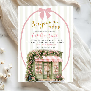 Salbeirosa gestreifte Pariser Café-Baby-Party Einladung