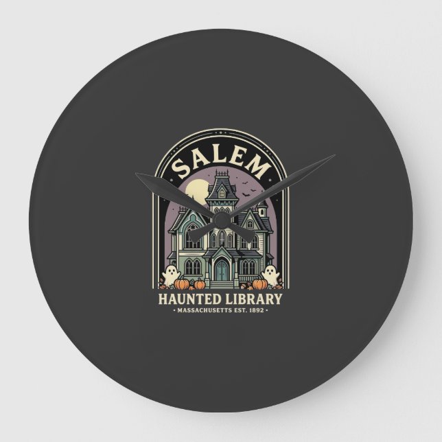 Salem Haunted Library Halloween Design_1 Große Wanduhr (Vorderseite)