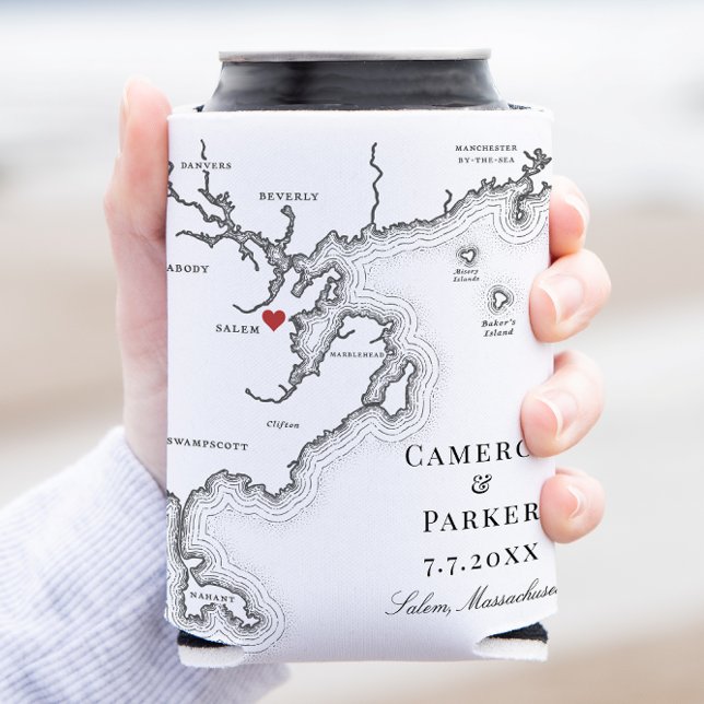 Salem MA Karte Elegante Schwarz-weiße Gastgeschenk Dosenkühler (Salem MA Coozie Wedding Favor Can Cooler in elegant black and white from Coastal Map Designs)