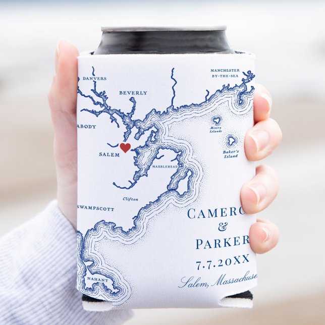 Salem MA Map Elegant Navy Blue Gastgeschenk Hochze Dosenkühler (Salem MA Map Wedding Favor Can Coozie Can Cooler elegant navy blue from Coastal Map Designs)