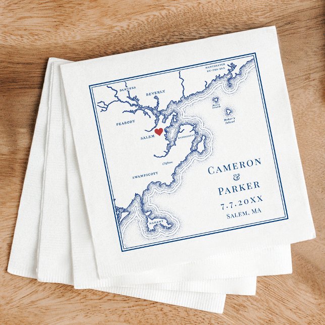 Salem MA Map Elegant Navy Blue Wedding Serviette (Salem MA Map Wedding cocktail napkins in elegant navy blue from Coastal Map Designs)