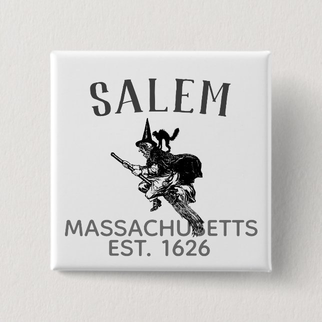 Salem Massachusetts Hexe auf Besen mit Katze Button (Vorderseite)