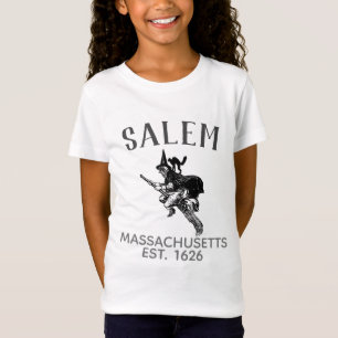 Salem Massachusetts Hexe auf Besen mit Katze, Mädc T-Shirt