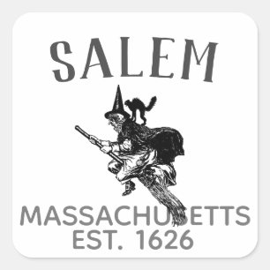 Salem Massachusetts Hexe auf Besen mit Katze Quadratischer Aufkleber