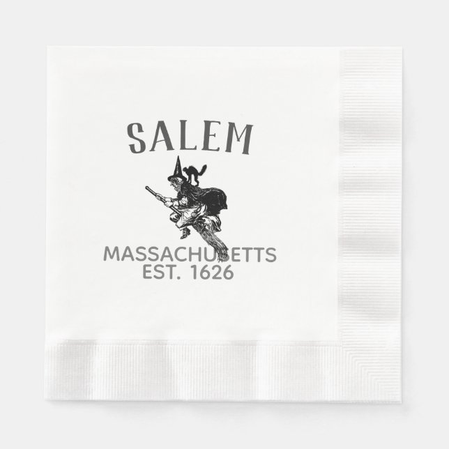 Salem Massachusetts Hexe auf Besen mit Katze Serviette (Vorderseite)