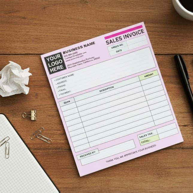 Sales Invoice Receipts | Pink Small Business Logo Notizblock (seller receipt pad, customer purchase order book)