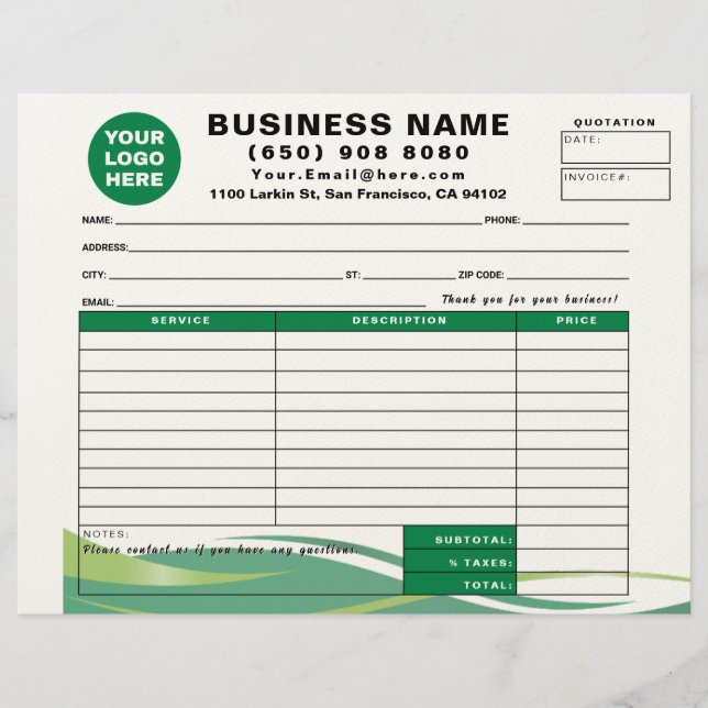 Sales Receipt Quotation Invoice Service Form Briefbogen (Vorderseite)