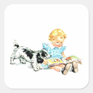 Sally and Spot Illustration der 50er Jahre Quadratischer Aufkleber