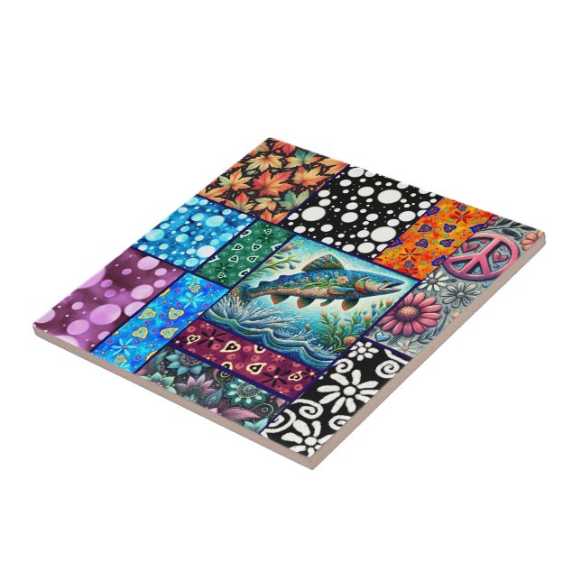 Salmon Crazy Quilt Floral Whimsical Colorful Fliese (Seite)