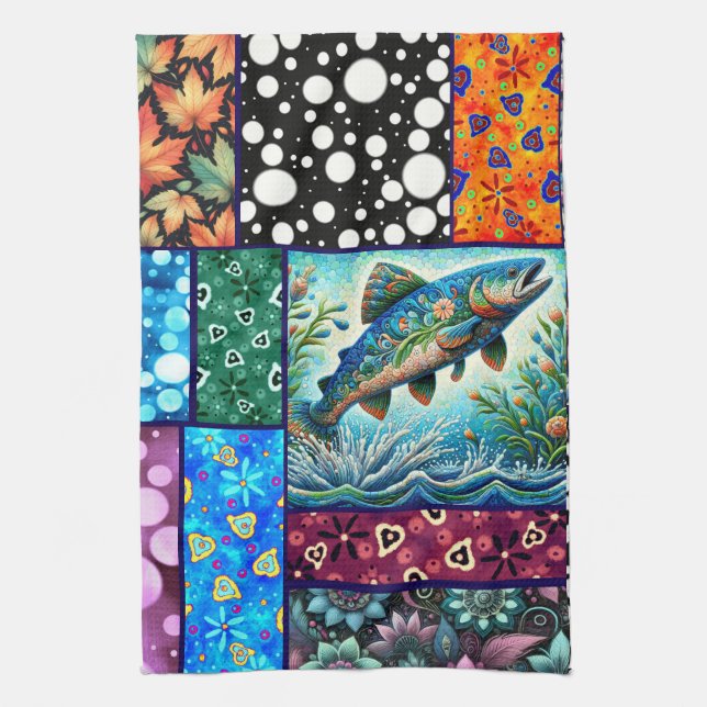 Salmon Crazy Quilt Floral Whimsical Colorful Geschirrtuch (Vertikal)