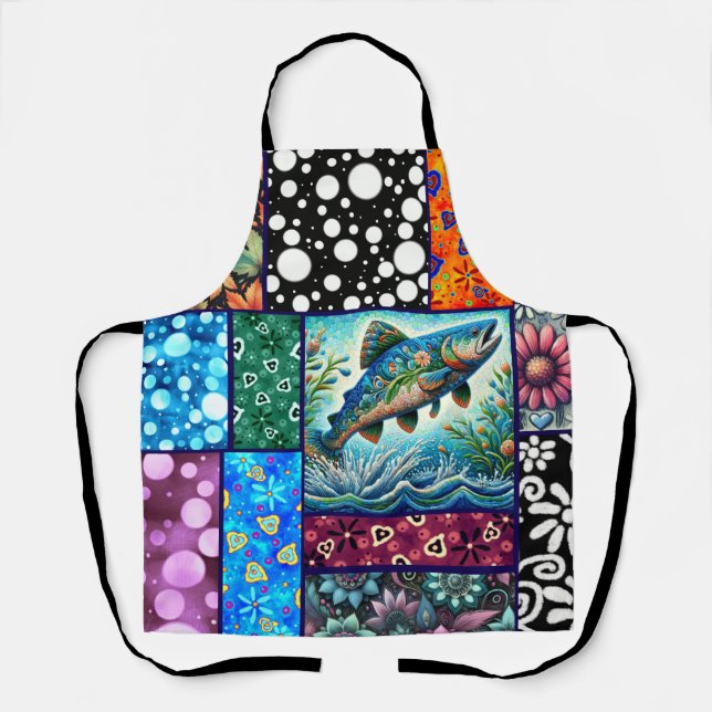 Salmon Crazy Quilt Floral Whimsical Colorful Schürze (Vorderseite)