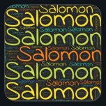 Salomon Quadratischer Aufkleber<br><div class="desc">Salomon. Show and wear this popular beautiful male first name designed as colorful wordcloud made of horizontal and vertical cursive hand lettering typography in different sizes and adorable fresh colors. Wear your positive french name or show the world whom you love or adore. Merch with this soft text artwork is...</div>