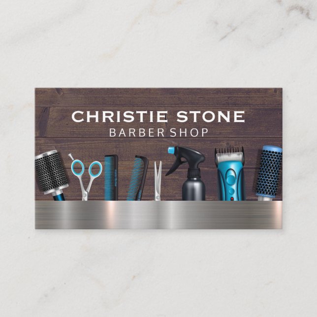Salon Barber Tools | Metal Wood Visitenkarte (Vorderseite)