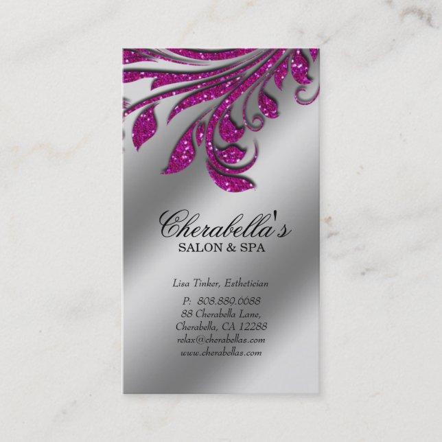 Salon Business Card Eleganter rosa Silberner Glitz Terminkarte (Vorderseite)