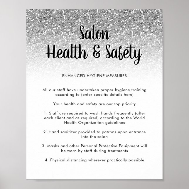 Salon Covid Health Safety Poster Silberner Glitzer (Vorne)