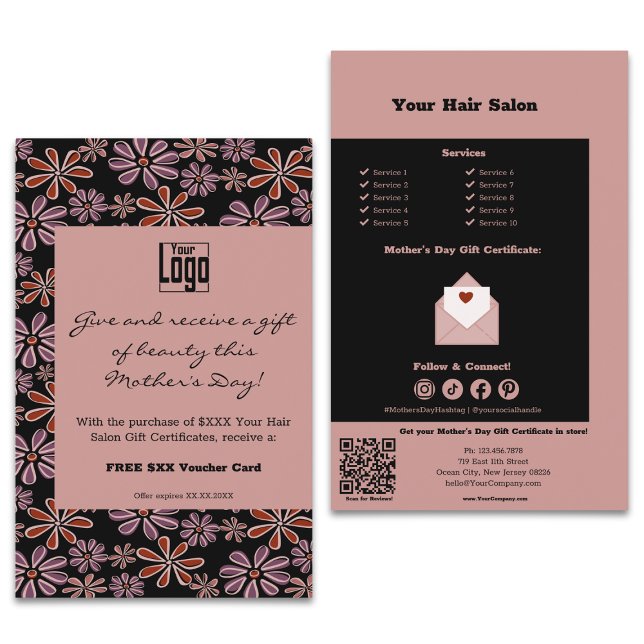 Salon Muttertags-Geschenkgutschein-Aktion Flyer (Stylist Mother's Day Gift Certificate Promotion Flyer, Black & Pink)