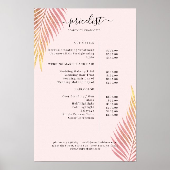 Salon Palm, Blätter, Preisliste Poster (Vorne)