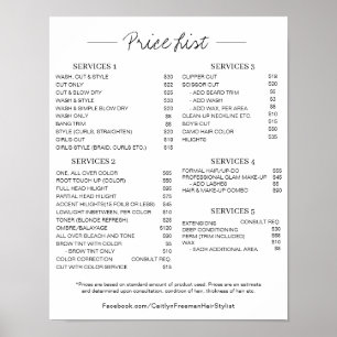 Salon Price LIst Poster, Bearbeitbare Preisliste Poster