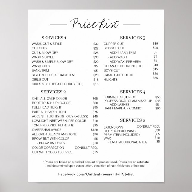 Salon Price LIst Poster, Bearbeitbare Preisliste Poster (Vorne)