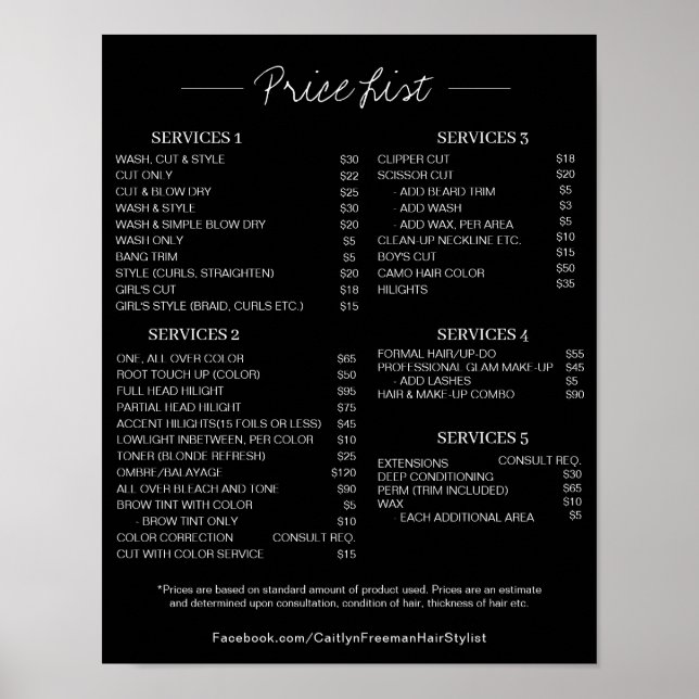 Salon Price LIst Poster, Bearbeitbare Preisliste Poster (Vorne)