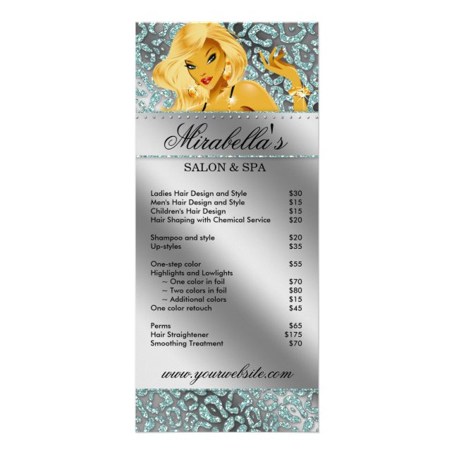 Salon Rack Card Juwelier Tanning Aquamarin Sparkle Werbekarte (Vorne)