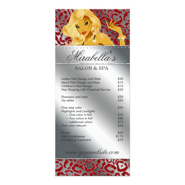 Salon Rack Card Schmuck Tanning Silver Sparkle Red Werbekarte (Vorne)