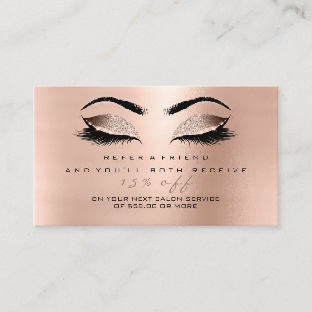 Salon Referenzen Card Glitzer Rose Gold Lashes Lux Empfehlungskarte (Vorderseite)