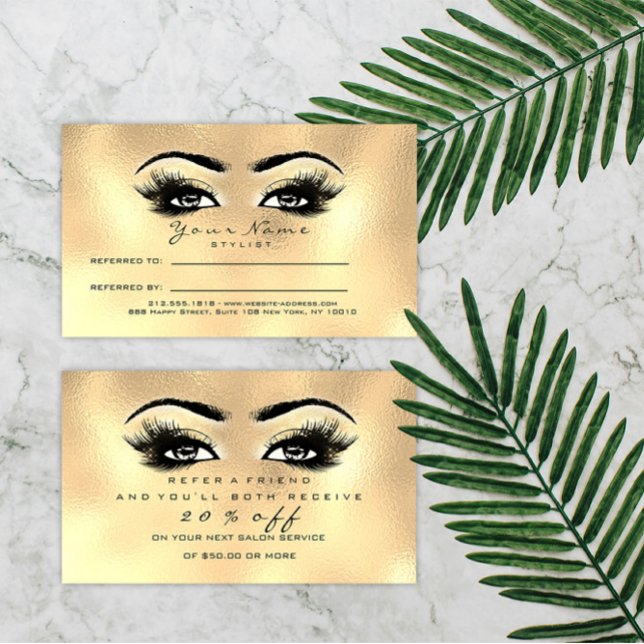 Salon Referrkarte Gold Makeup Lashes Empfehlungskarte (Salon Referral Card Gold Makeup Lashes Extension)