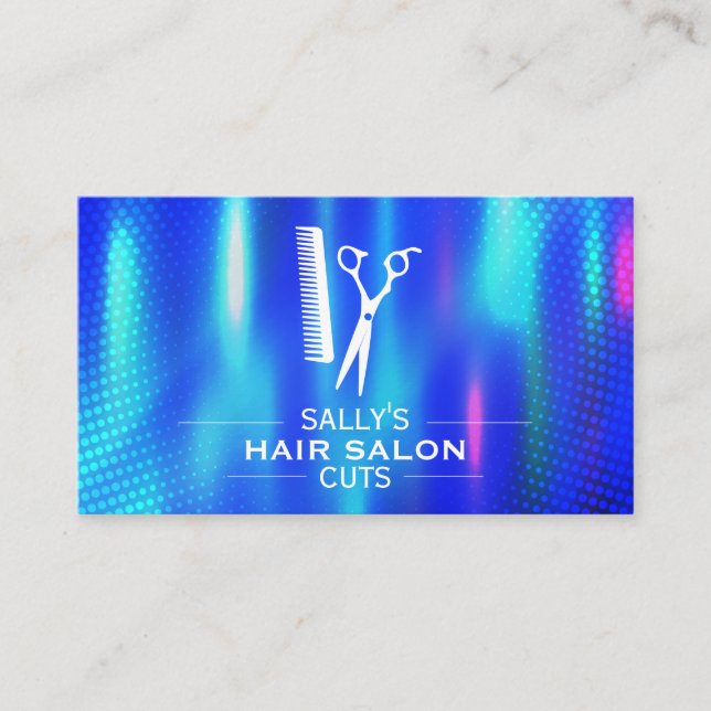 Salon-Schere und Comb-Logo | Blaue Metallic Visitenkarte (Vorderseite)