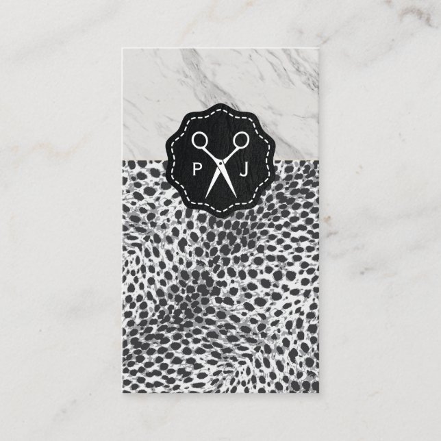 Salon Shears Monogram Marble Trim Leopard Visitenkarte (Vorderseite)