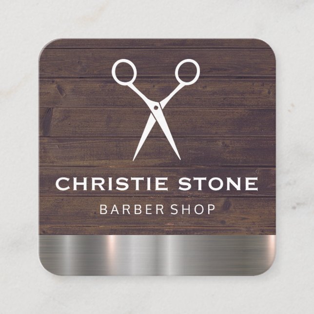 Salon Shears Rustikale Holzmetallschneide Quadratische Visitenkarte (Vorderseite)