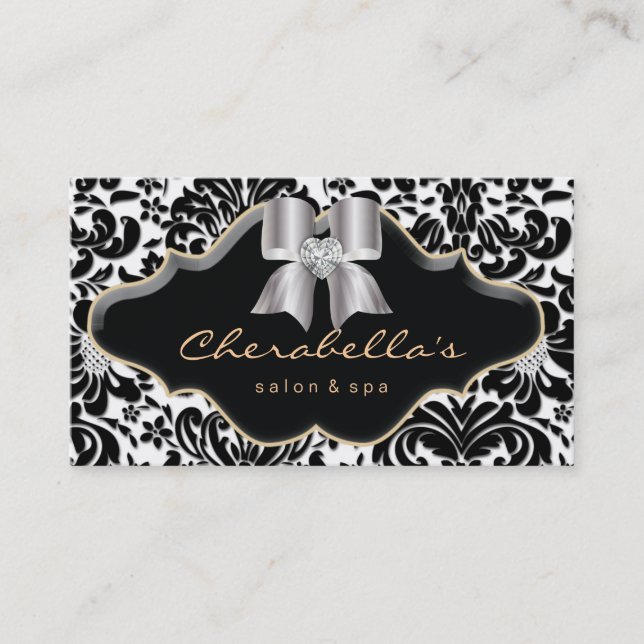Salon Spa Business Card Gold Jewel Bow Damask Visitenkarte (Vorderseite)
