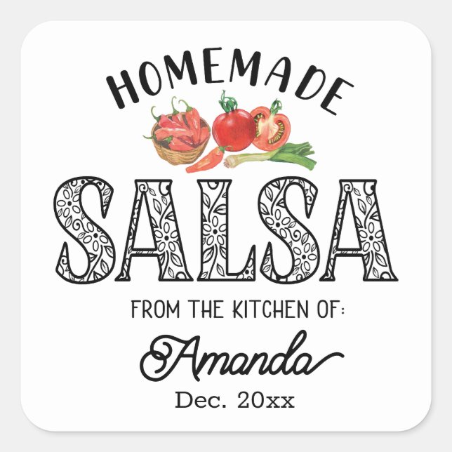 Salsa Homemade aus der Küche des Namens Jar lid Quadratischer Aufkleber (Vorderseite)