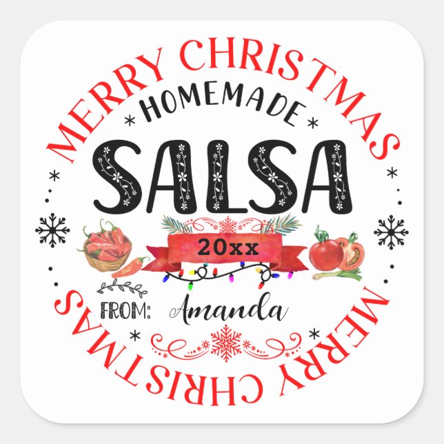 Salsa Homemade Frohe Weihnachtsname Jar lid Quadratischer Aufkleber (Vorderseite)
