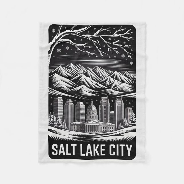 Salt Lake City Skyline Black and White Woodcut  Fleecedecke (Vorderseite)