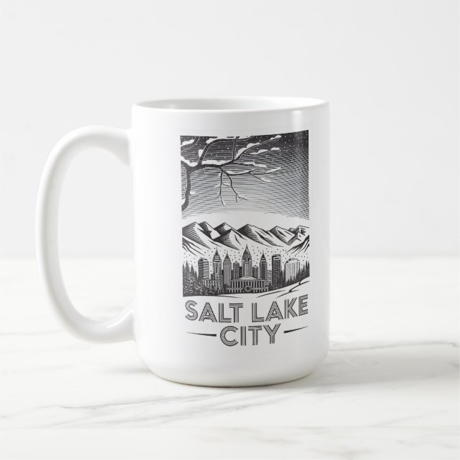 Salt Lake City Skyline Black and White Woodcut  Kaffeetasse (Links)