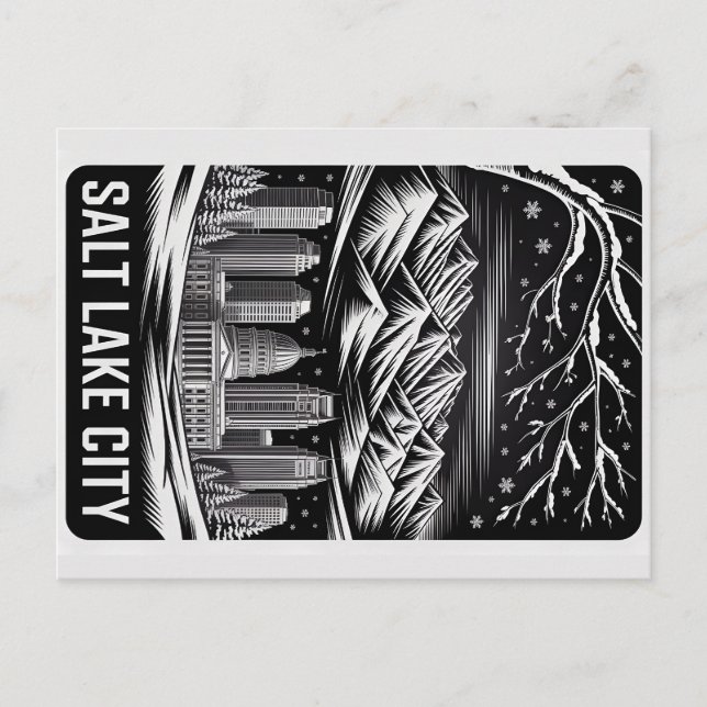 Salt Lake City Skyline Black and White Woodcut  Postkarte (Vorderseite)