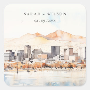 Salt Lake City, Utah Aquarell-Landschaft-Hochzeit Quadratischer Aufkleber