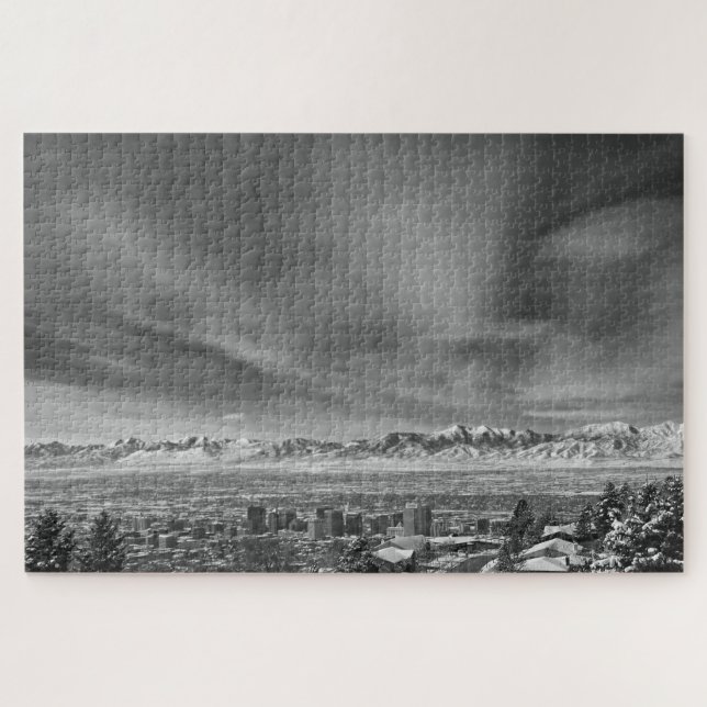 Salt Lake City, Utah Black and White - 20x30 inch Puzzle (Horizontal)