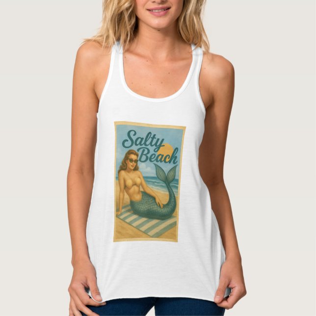 Salty Beach Pin-Up Mermaid | Retro Coastal Graphic Tank Top (Vorderseite)