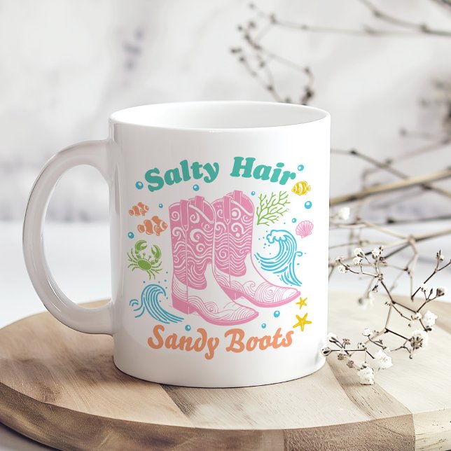 "Salty Hair Sandy Boots" Boho Coastal Cowgirl Kaffeetasse ("Salty Hair Sandy Boots" Boho Coastal Cowgirl Coffee Mug on a boho kitchen table with tiny flowers)